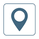 A blue map location pin icon inside a rounded square.