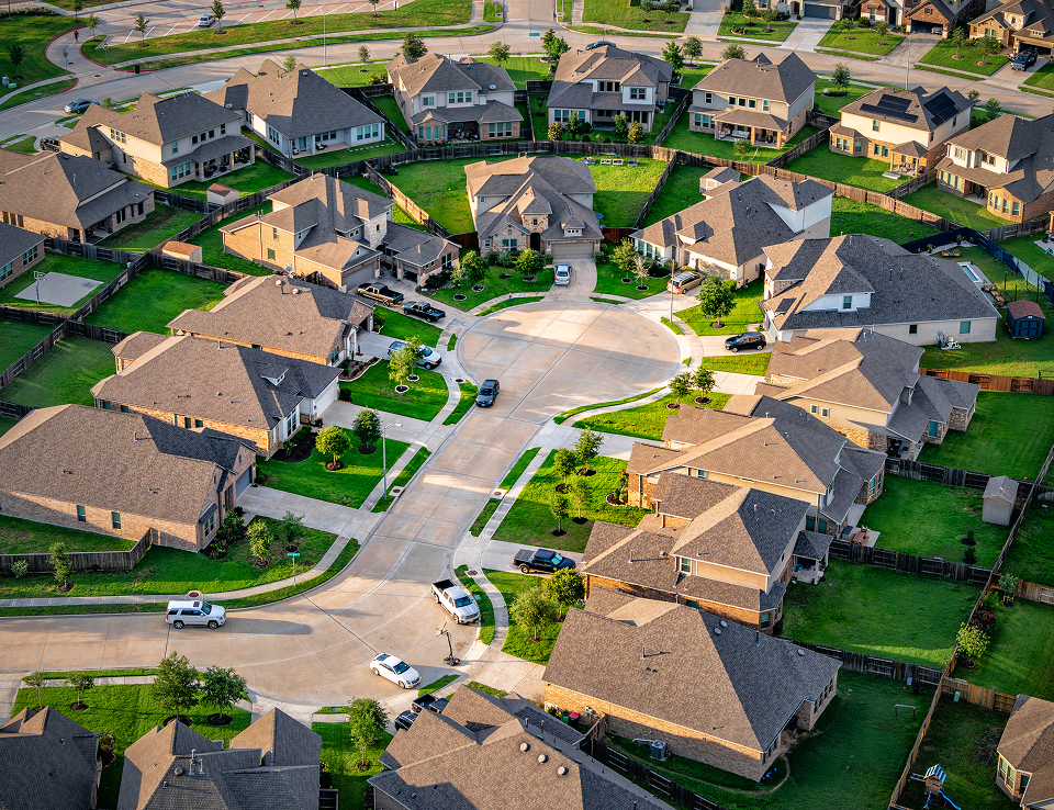 Aerial view of suburban neighborhood