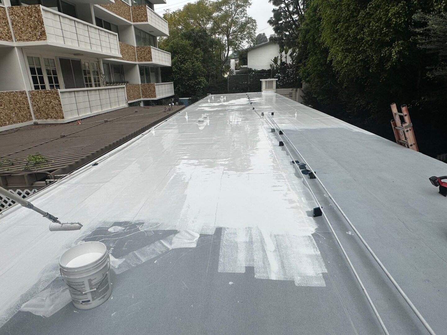 A flat roof partially coated with white waterproofing material.