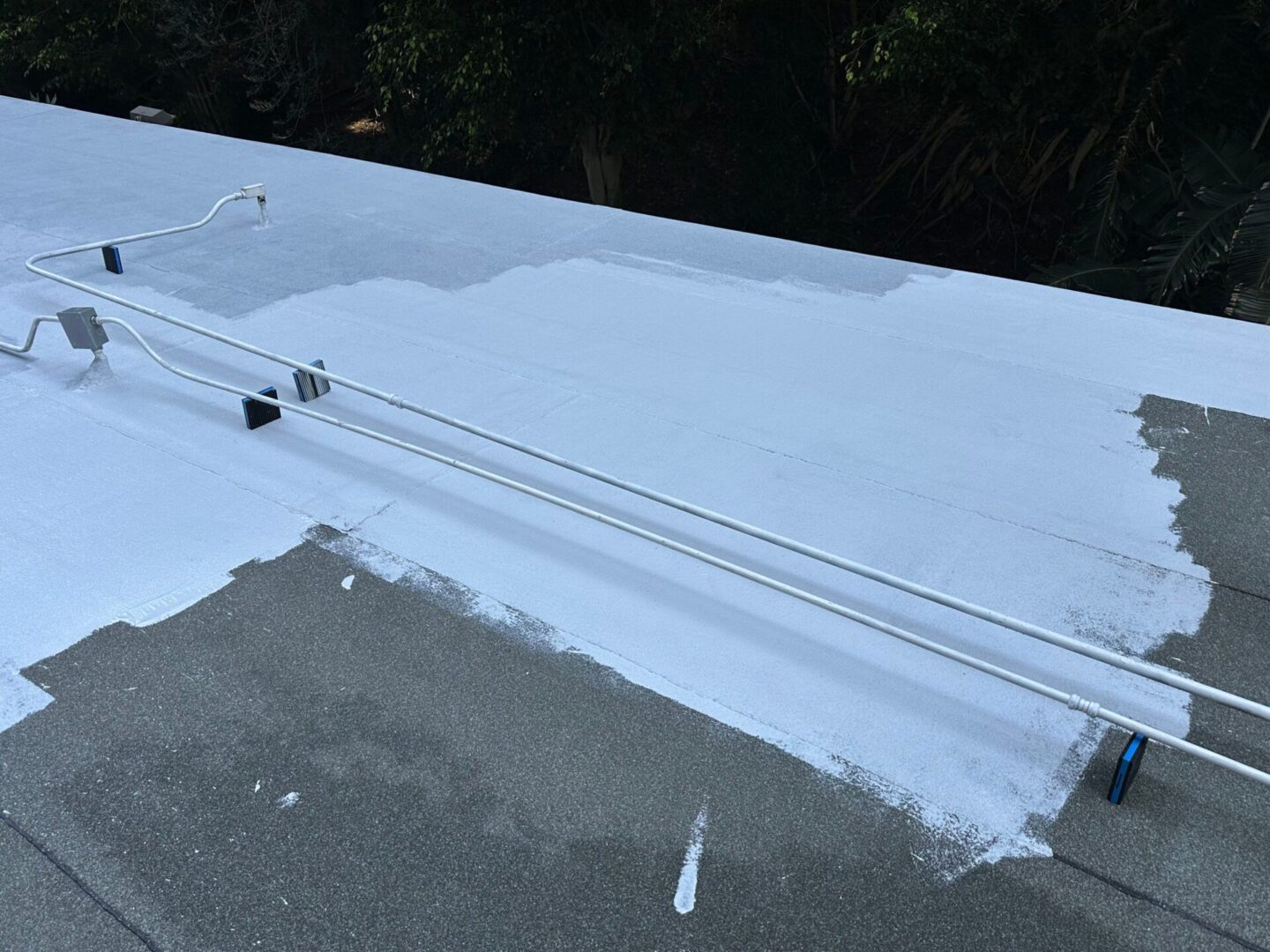 Partially painted rooftop with white and gray areas under natural light.