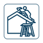 Icon of a person roofing a house using a ladder.
