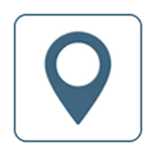 A blue map location pin icon inside a rounded square.