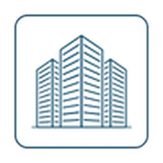 Icon of modern skyscrapers in blue on a white background.