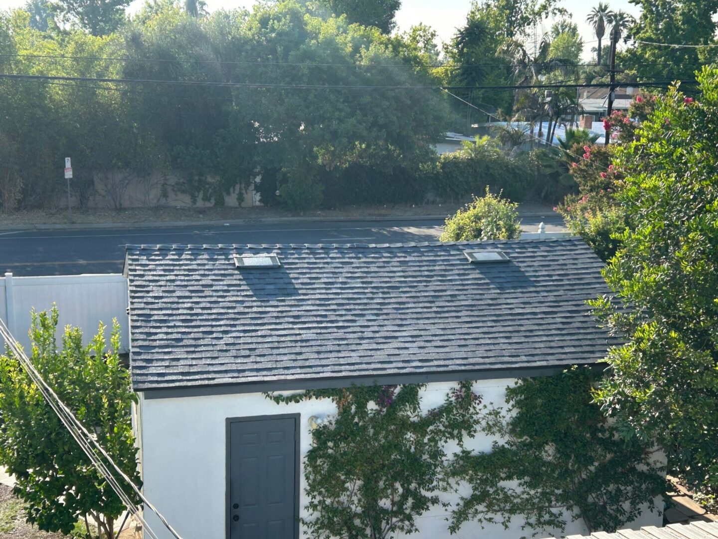 Small shed with a shingled roof and skylights surrounded by greenery.