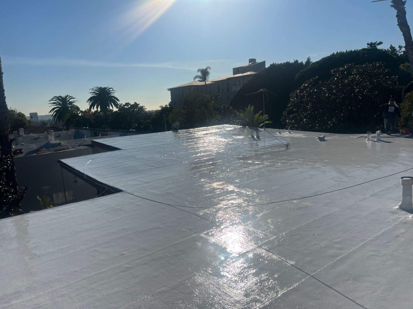 Sunlit empty outdoor pool area with chairs and greenery.