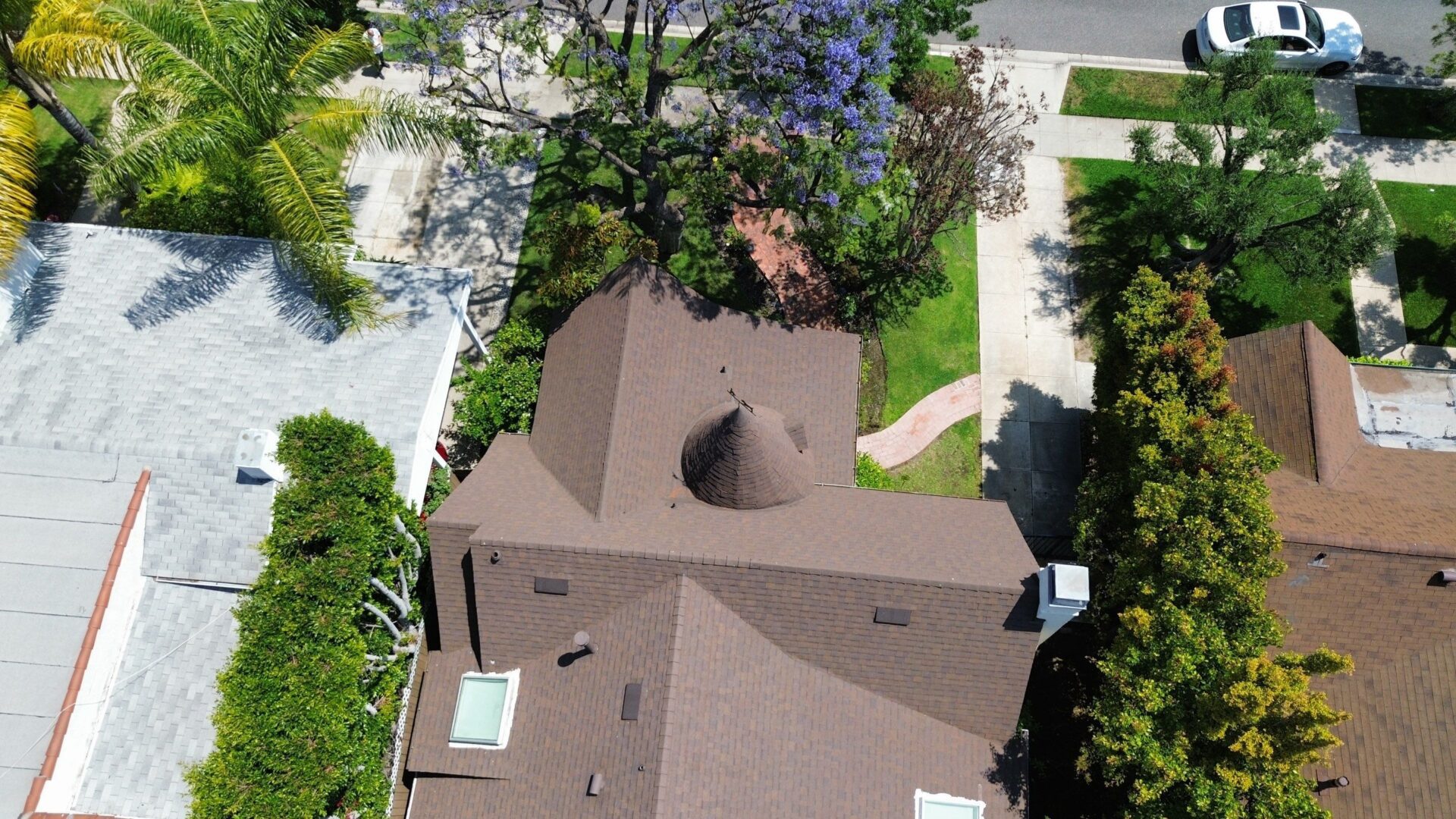 Aerial view of a unique brown roof with a circular skylight surrounded by trees.