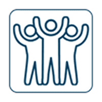 Three people raising hands in celebration or unity.