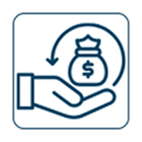 Hand receiving money bag with dollar symbol and return arrow.