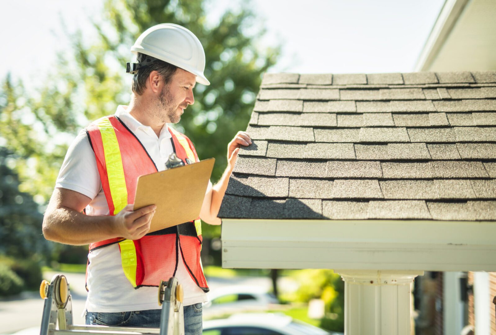Construction worker inspecting roof shingles with a clipboard.