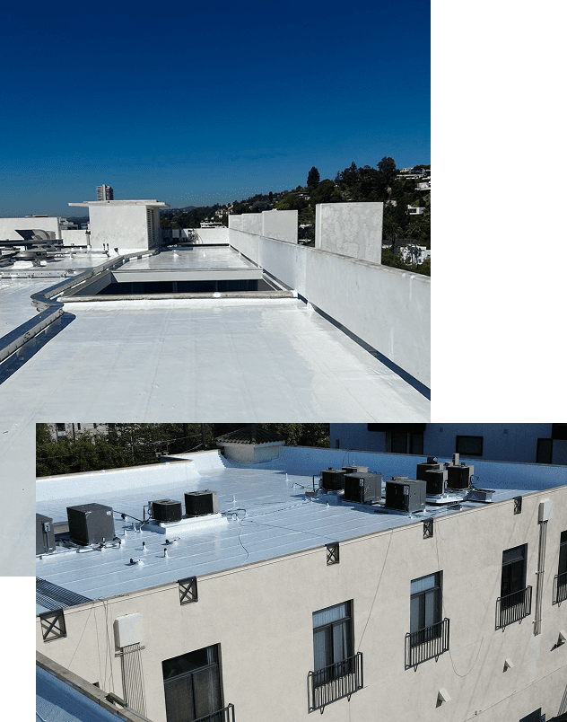 White flat roof with HVAC units under a clear blue sky.