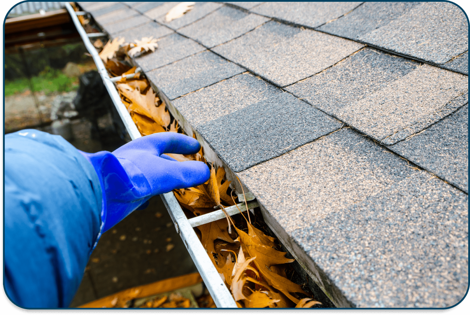 A person cleaning leaves from a roof gutter wearing blue gloves.