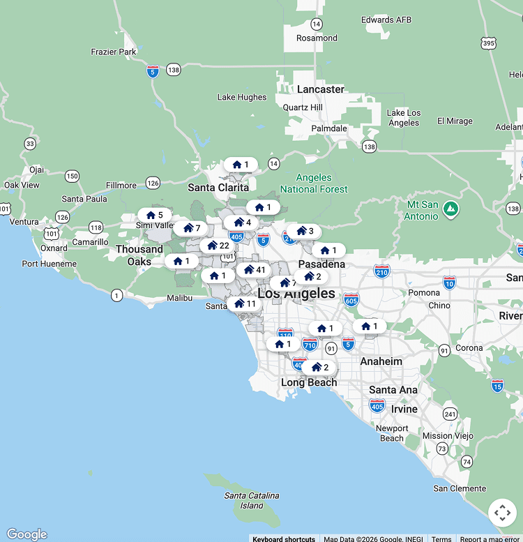 Map showing weather conditions across Southern California cities.